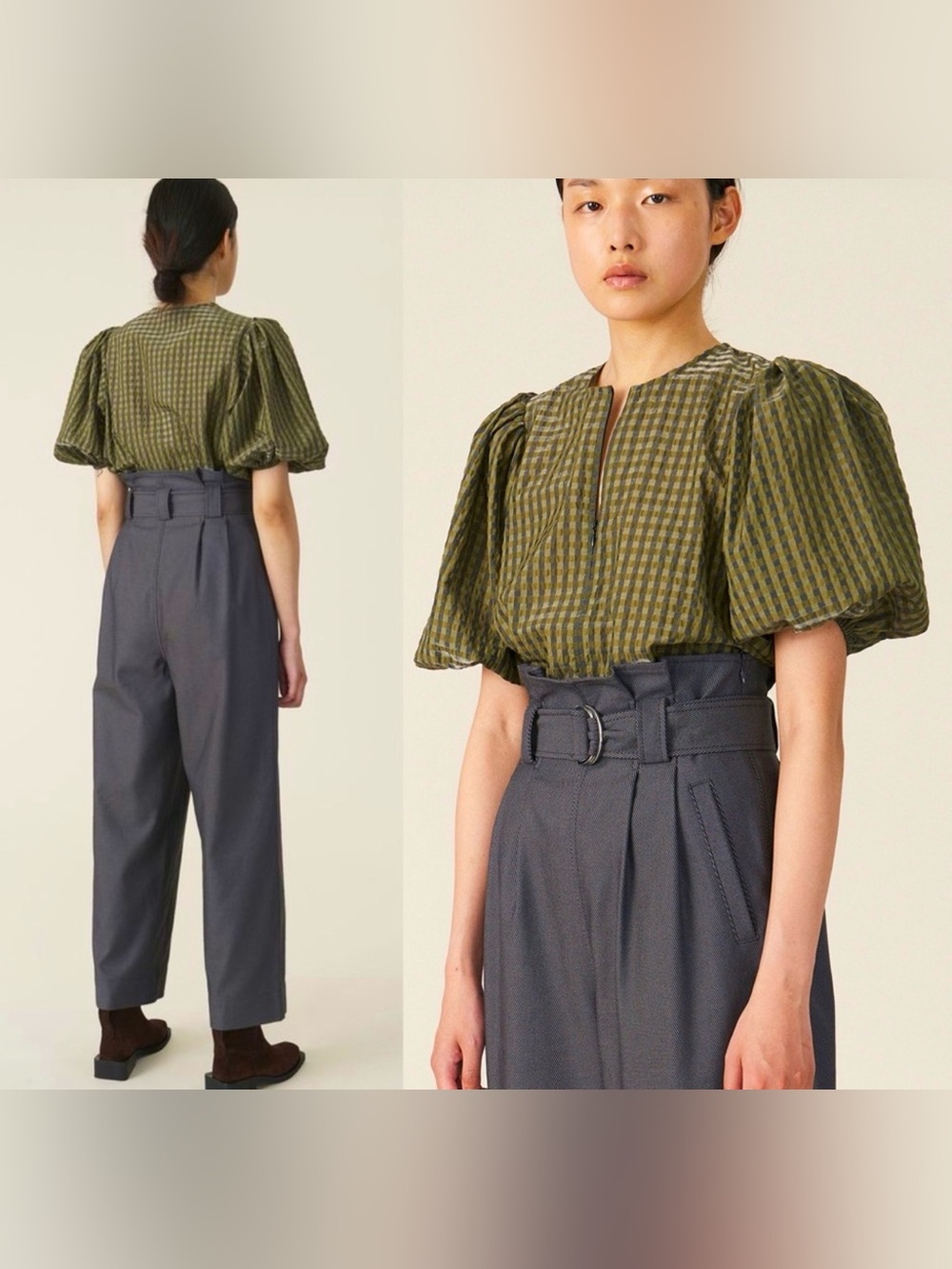 GANNI Seersucker Check Blouse in Kalamata size 36 (4)